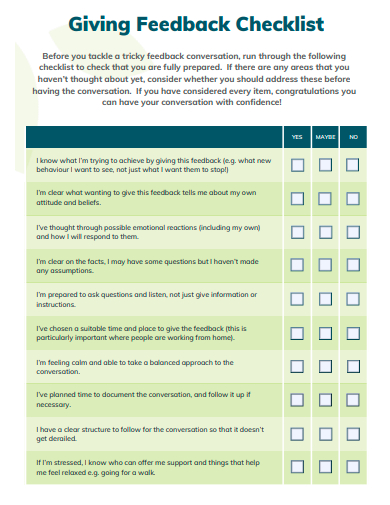 feedback checklist template