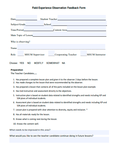field experience observation feedback form template