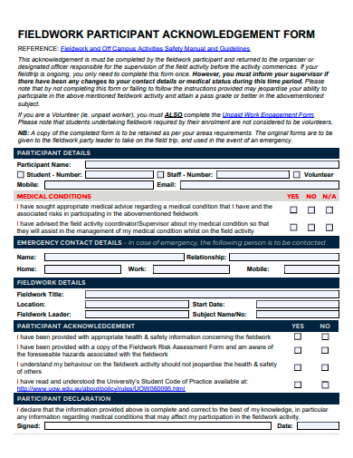 fieldwork participant acknowledgement form template