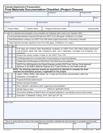 final materials documentation checklist template