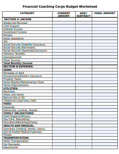 financial coaching corps budget worksheet template