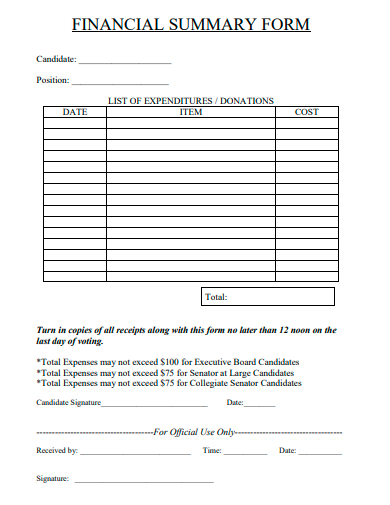 financial summary form template