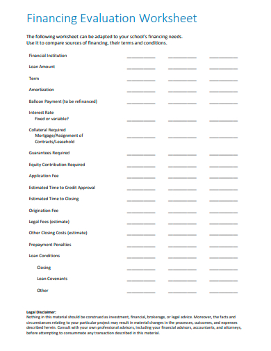 financing evaluation worksheet template