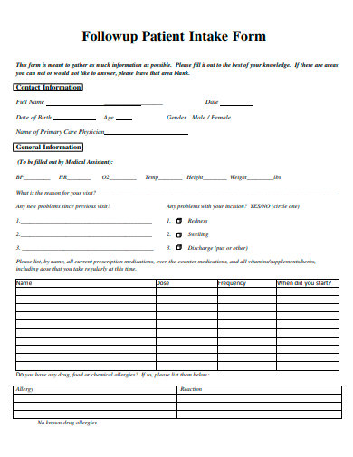 followup patient intake form template