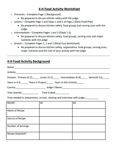 food activity worksheet template
