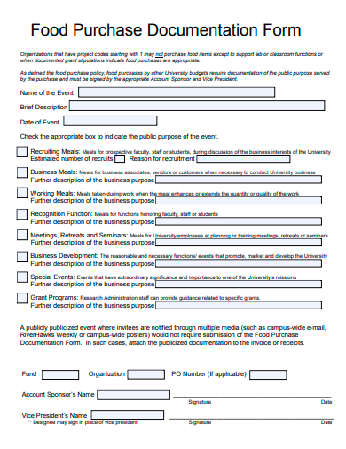 food purchase documentation form template