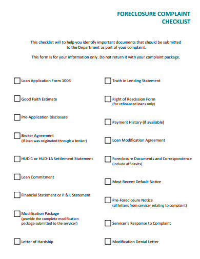 foreclosure complaint checklist template