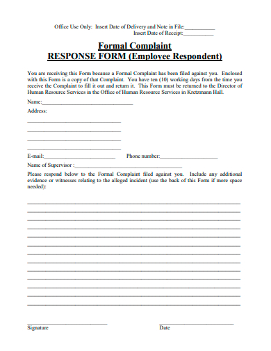 formal complaint response form template