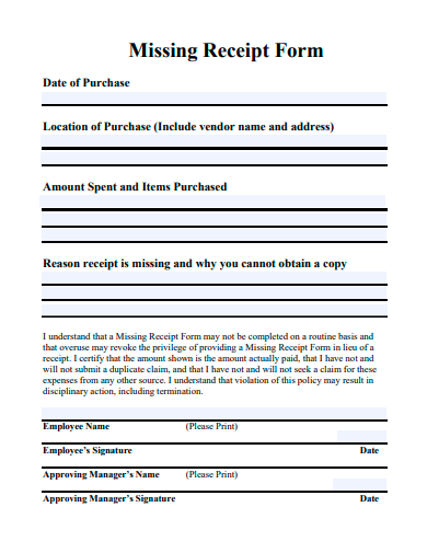 formal missing receipt form template