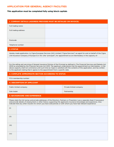 general agency facilities application template