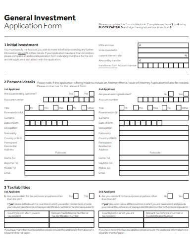 general investment application form template