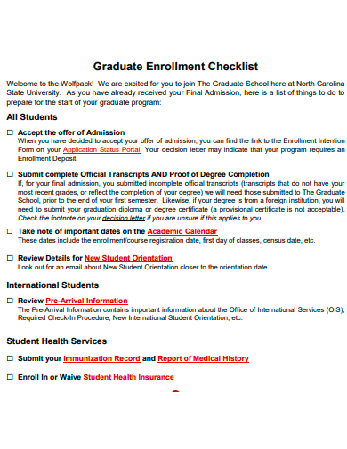 graduate enrollment checklist template