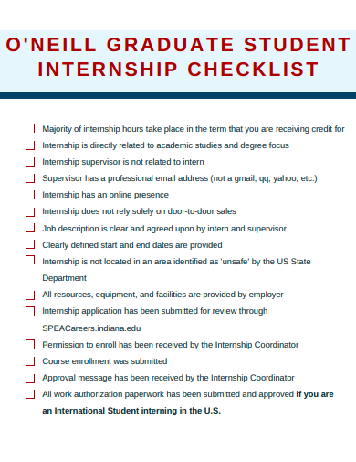 graduate student internship checklist template