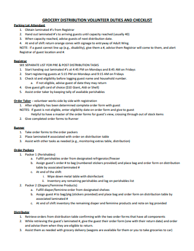 grocery distribution volunteer duties and checklist template