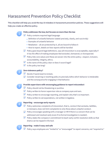 harassment prevention policy checklist template