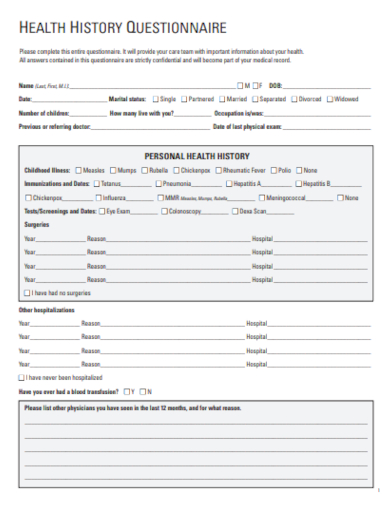 health questionnaire form