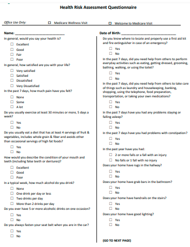 health risk assessment questionnaire template