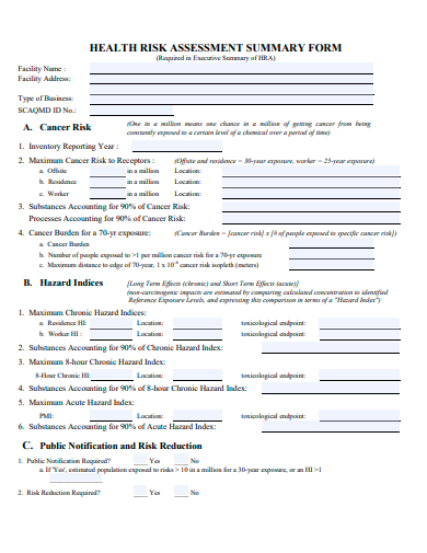health risk assessment summary form template