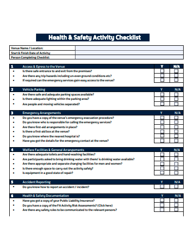 health and safety activity checklist template