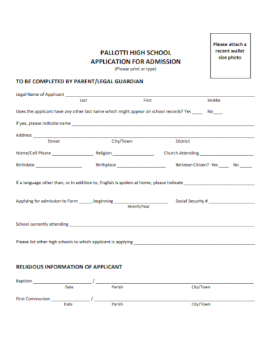 high school application for admission