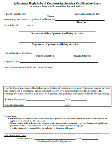 high school community service verification form template