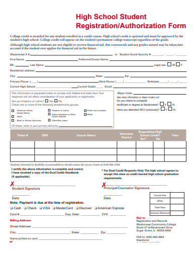 high school student registration authorization form template