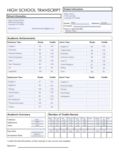 FREE 20 High School Transcript Samples In PDF