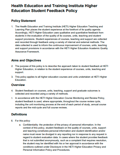 higher education student feedback policy template