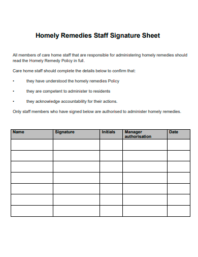 homely remedies staff signature sheet template