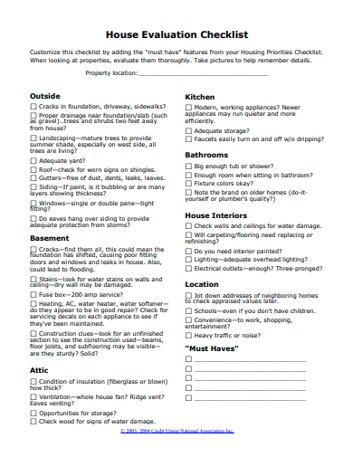 house evaluation checklist template