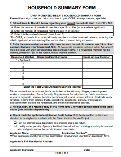 household summary form template