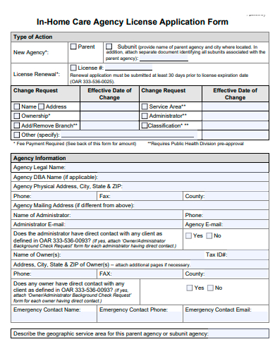 in home care agency license application form template