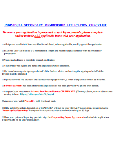 individual secondary membership application checklist template