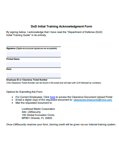 initial training acknowledgment form template