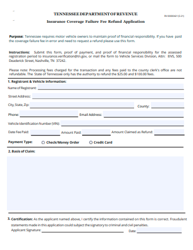 insurance coverage failure fee refund application template
