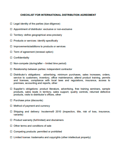international distribution agreement checklist template