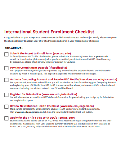 international student enrollment checklist template