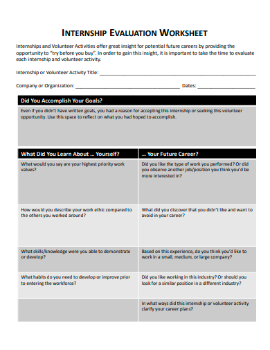 internship evaluation worksheet template