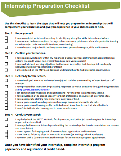 internship preparation checklist template