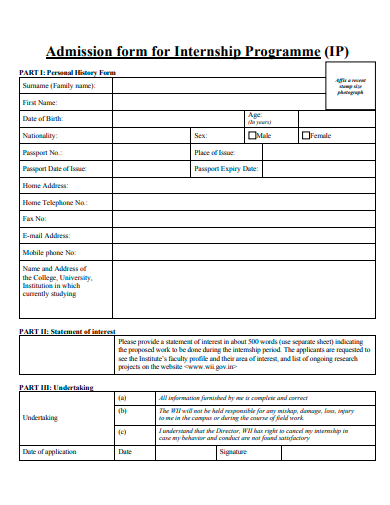 internship programme admission form template