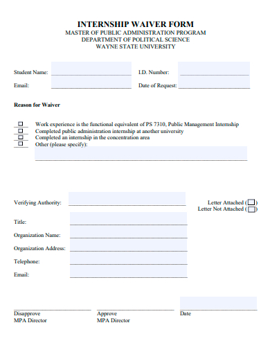 internship waiver form template