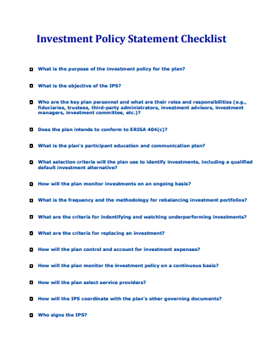 investment policy statement checklist template