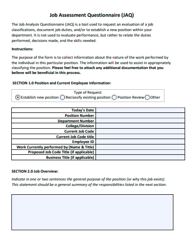 job assessment questionnaire template