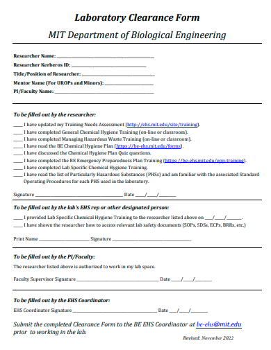 laboratory clearance form template