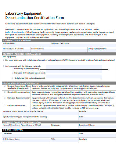laboratory equipment decontamination certification form template