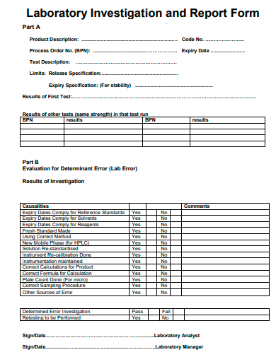 laboratory investigation and report form template