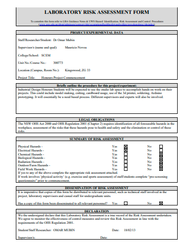 laboratory risk assessment form template