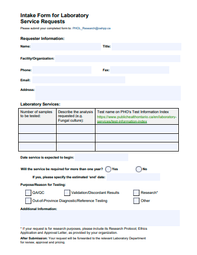 laboratory service requests intake form template