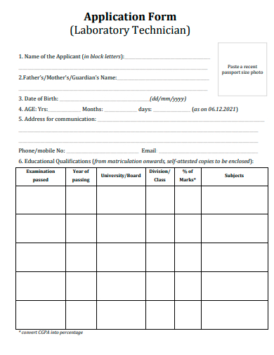 laboratory technician application form template