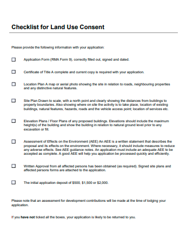 land use consent checklist template